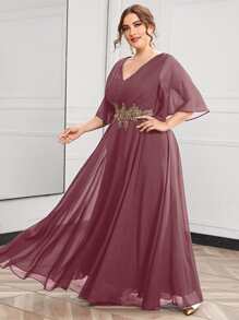 SHEIN Belle Plus Butterfly Sleeve Appliques Maxi Prom Dress, Wedding Guest Dress, Party Dress, Formal Dress, Evening Dress - Dusty Pink - View 1