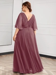 SHEIN Belle Plus Butterfly Sleeve Appliques Maxi Prom Dress, Wedding Guest Dress, Party Dress, Formal Dress, Evening Dress - Dusty Pink - View 2