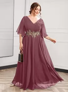 SHEIN Belle Plus Butterfly Sleeve Appliques Maxi Prom Dress, Wedding Guest Dress, Party Dress, Formal Dress, Evening Dress - Dusty Pink - View 3