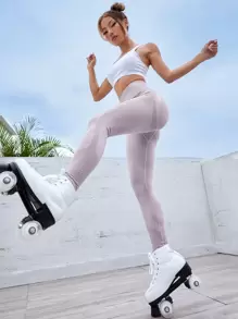 寬帶式腰短版運動緊身褲 - 藕粉色 - 查看 1