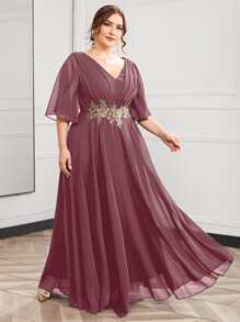 SHEIN Belle Plus Butterfly Sleeve Appliques Maxi Prom Dress, Wedding Guest Dress, Party Dress, Formal Dress, Evening Dress - Dusty Pink - View 5