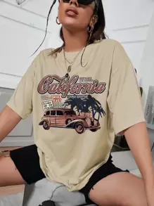 SHEIN EZwear Car And Letter Graphic Drop Shoulder Oversized Tee - Apricot - View 1