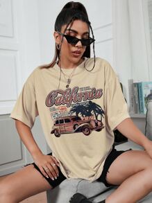 SHEIN EZwear Car And Letter Graphic Drop Shoulder Oversized Tee - Apricot - View 4