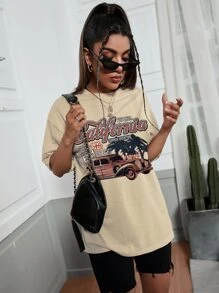 SHEIN EZwear Car And Letter Graphic Drop Shoulder Oversized Tee - Apricot - View 5
