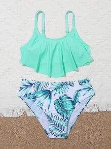 Tween Girl Random Tropical Print Bikini Set Summer Beach - Multicolor - View 4