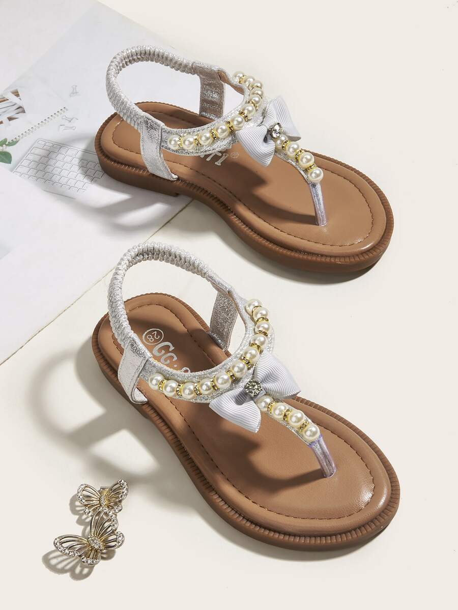 Girls Faux Pearl & Rhinestone & Bow Decor Thong Sandals - Silver - View 1