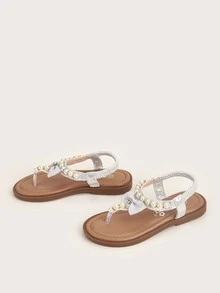 Girls Faux Pearl & Rhinestone & Bow Decor Thong Sandals - Silver - View 2