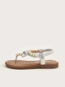 Girls Faux Pearl & Rhinestone & Bow Decor Thong Sandals - Silver - View 3