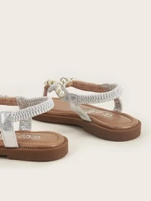 Girls Faux Pearl & Rhinestone & Bow Decor Thong Sandals - Silver - View 4