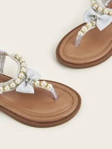 Girls Faux Pearl & Rhinestone & Bow Decor Thong Sandals - Silver - View 5