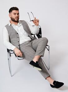 EASEVO Men Plus Plaid Button Front Vest Blazer - Grey - View 4