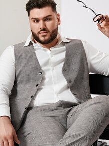 EASEVO Men Plus Plaid Button Front Vest Blazer - Grey - View 5