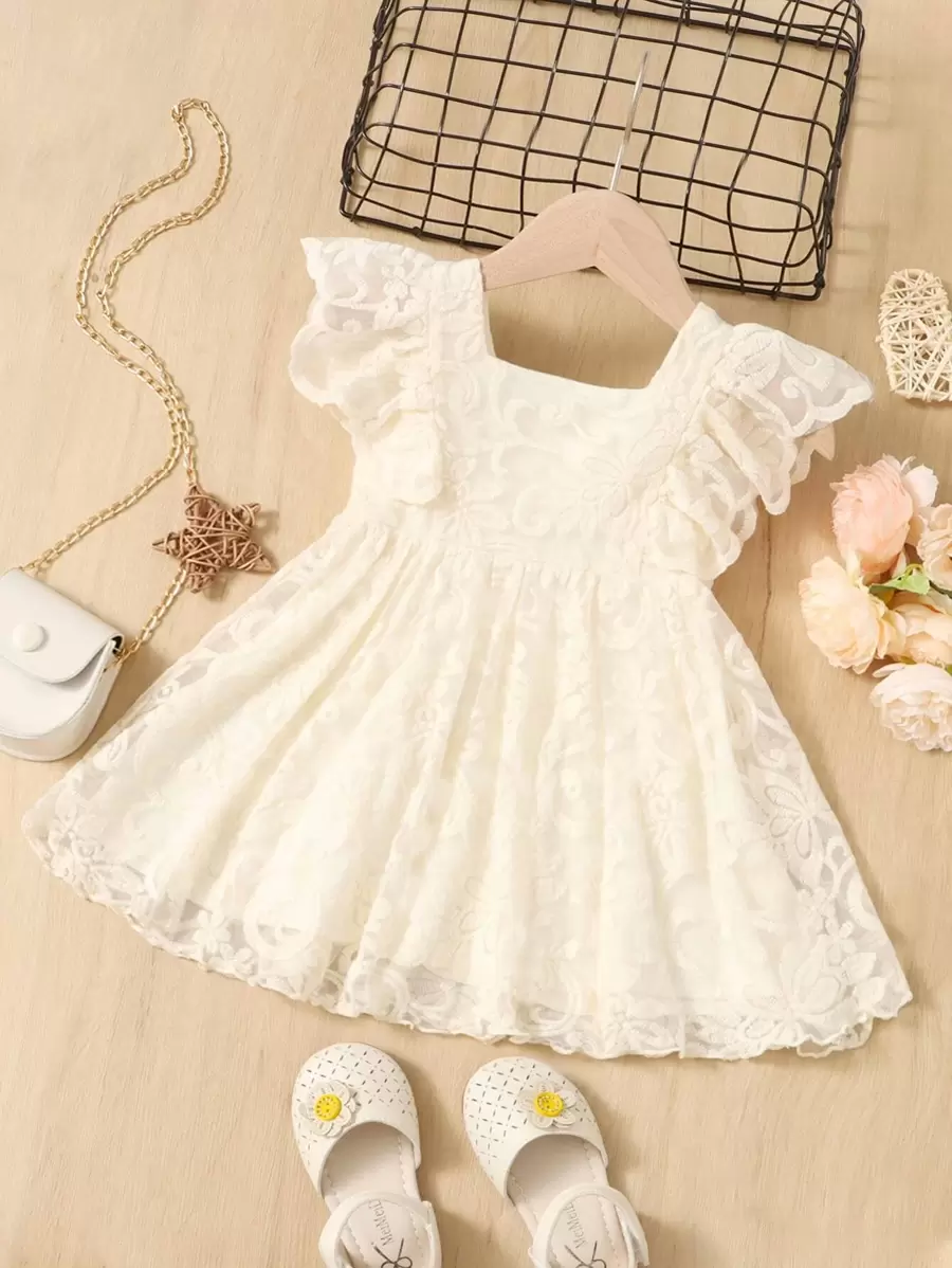 SHEIN Leap Crew 嬰兒方包蝴蝶袖蕾絲連衣裙 - 米色 - 查看 1