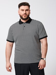 Manfinity VCAY Men Plus Contrast Trim Houndstooth Polo Shirt - Black and White - View 1