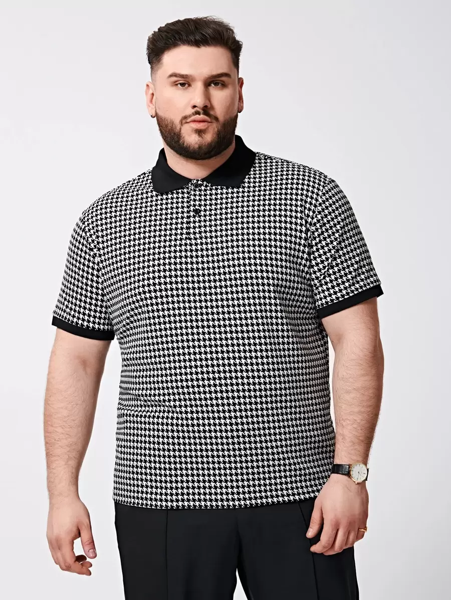 Manfinity VCAY Men Plus Contrast Trim Houndstooth Polo Shirt - Black and White - View 1