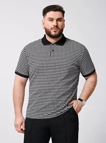 Manfinity VCAY Men Plus Contrast Trim Houndstooth Polo Shirt - Black and White - View 4