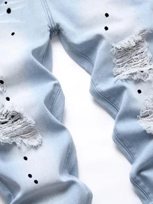 ROMWE MEN 男士破洞牛仔褲 - 淺色水洗藍 - 查看 4