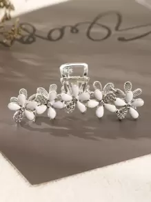 水钻花朵装饰发爪，优雅食人鱼爪夹，发夹，发卡，发夹，发抓夹，发爪夹，学校用品，大学，仿珍珠发饰，秋冬度假装扮，女士 - 銀色 - 查看 2