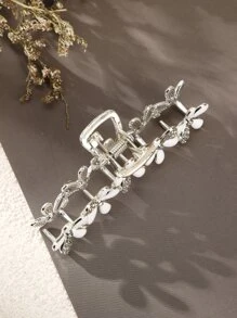 水钻花朵装饰发爪，优雅食人鱼爪夹，发夹，发卡，发夹，发抓夹，发爪夹，学校用品，大学，仿珍珠发饰，秋冬度假装扮，女士 - 銀色 - 查看 5