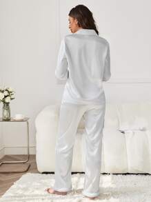 Bộ đồ ngủ Nữ Tương phản lông thú giả Nút phía trước màu trơn Thanh lịch - trắng - Xem 2