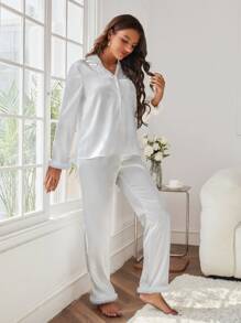 Bộ đồ ngủ Nữ Tương phản lông thú giả Nút phía trước màu trơn Thanh lịch - trắng - Xem 3