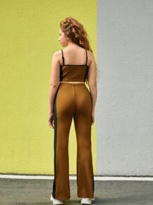 SHEIN 青少年女孩條紋印花撞色滾邊吊帶上衣和喇叭長褲 - 彩色 - 查看 2