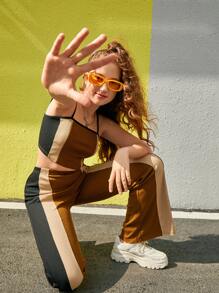 SHEIN 青少年女孩條紋印花撞色滾邊吊帶上衣和喇叭長褲 - 彩色 - 查看 3