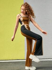 SHEIN 青少年女孩條紋印花撞色滾邊吊帶上衣和喇叭長褲 - 彩色 - 查看 4