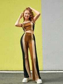 SHEIN 青少年女孩條紋印花撞色滾邊吊帶上衣和喇叭長褲 - 彩色 - 查看 5