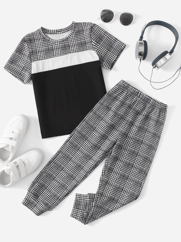 SHEIN Garçon Pantalon & T-shirt à carreaux - Multicolore - Voir 1
