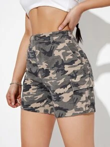 Camo Print Flap Pockets Side Denim Shorts