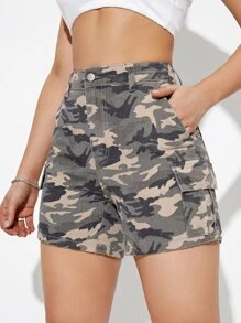 Camo Print Flap Pockets Side Denim Shorts