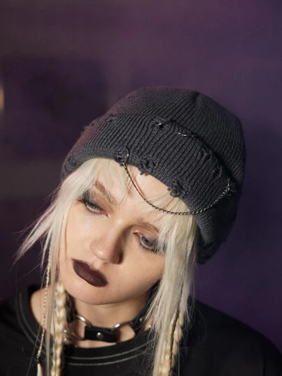 Our Grunge Punk Kpop Ring & Chain Decor Knit Beanie is such a vibe