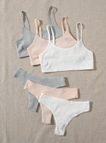 Conjunto de lencería sólida de 3 piezas con sostén acanalado y panty - Multicolor - Ver 5