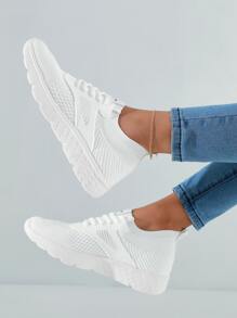 Cuccoo Striped Knit Detail Breathable Running Shoes - White - View 2