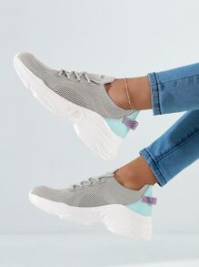 Cuccoo Knit Detail Lace-up Front Breathable Running Shoes - Grey - View 2