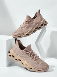 Lace-Up Front Knit Wide Fit Running Shoes Tainers - Brown - View 2