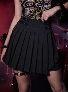 ROMWE Grunge Punk Kpop Skull Decor Pleated Skirt - Black - View 1