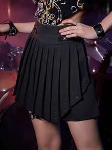 ROMWE Grunge Punk Kpop Skull Decor Pleated Skirt - Black - View 5
