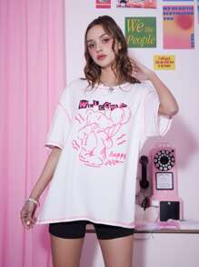 ROMWE Kawaii 熊字母圖案頂針T恤 - 白色 - 查看 3