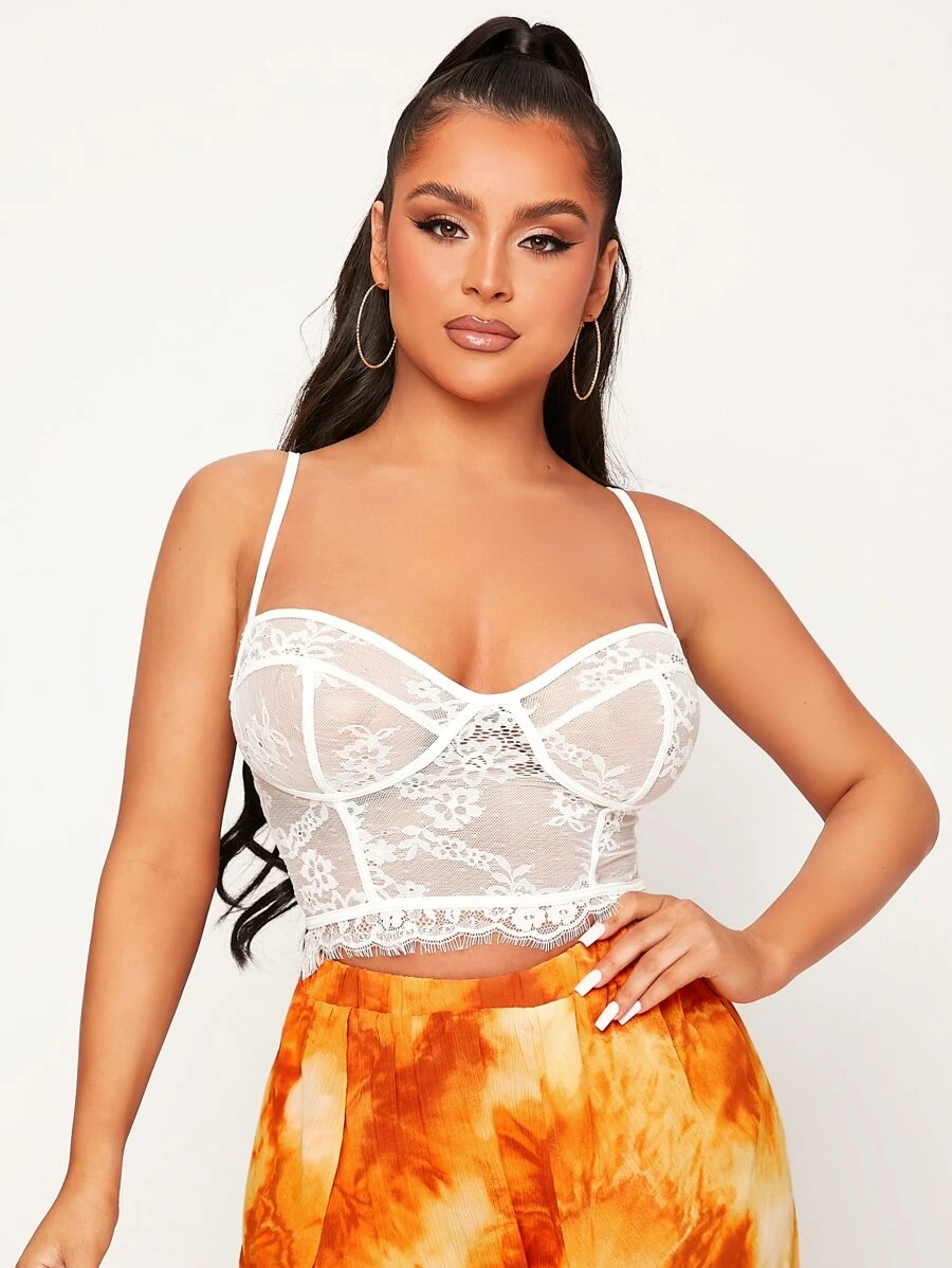 SHEIN SXY Top de tirantes con cremallera trasera transparente con encaje - Blanco - Ver 1