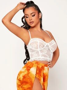 SHEIN SXY Top de tirantes con cremallera trasera transparente con encaje - Blanco - Ver 5