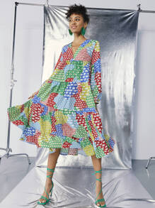 Priscila Iaria Vestido Bajo con volante retazo Bohemio - Multicolor - Ver 1