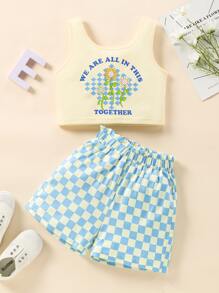 Girls Floral And Slogan Graphic Tank Top & Checker Print Shorts - Multicolor - View 1