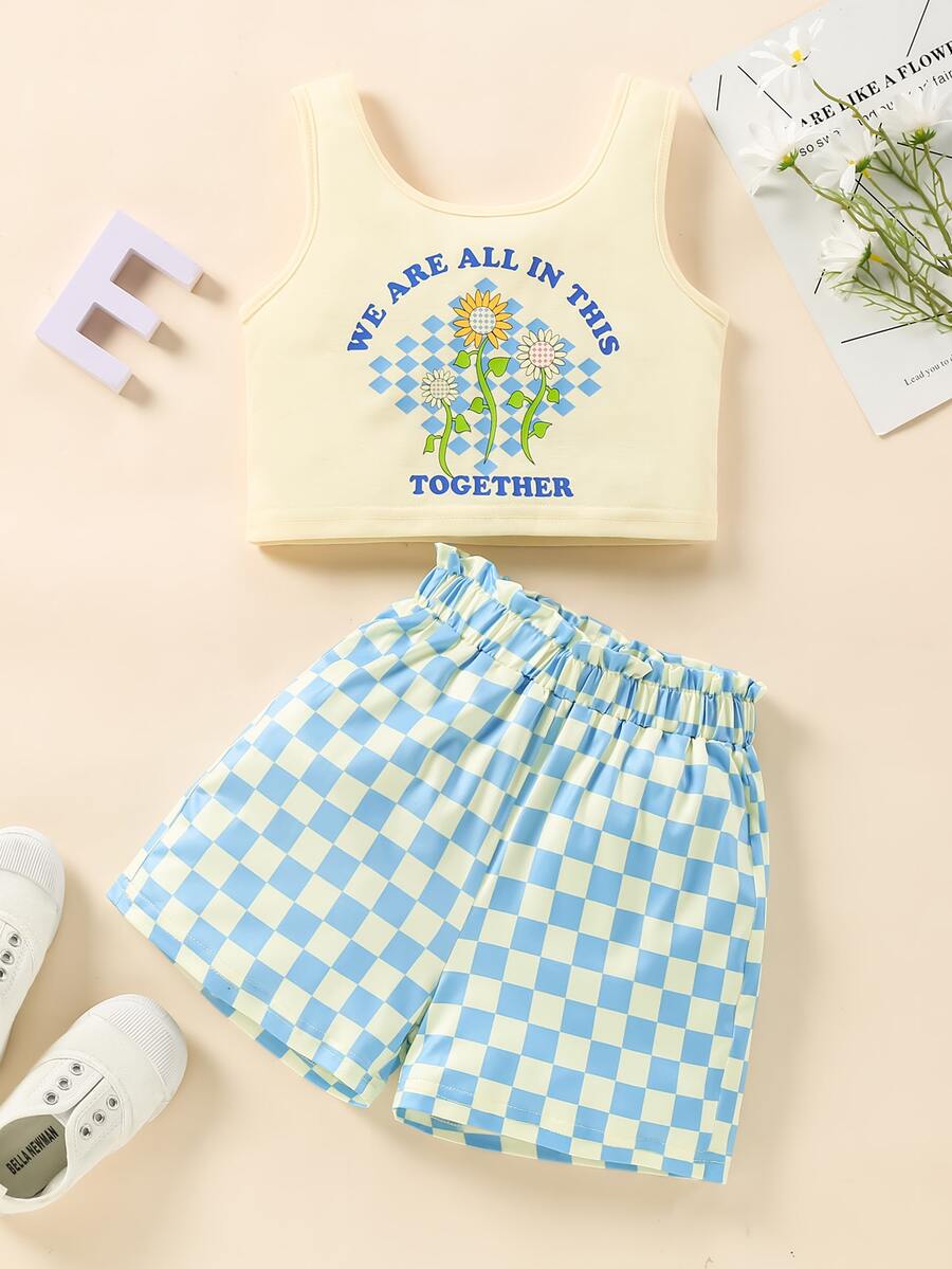 Girls Floral And Slogan Graphic Tank Top & Checker Print Shorts - Multicolor - View 1