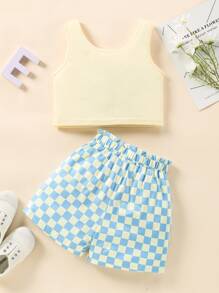 Girls Floral And Slogan Graphic Tank Top & Checker Print Shorts - Multicolor - View 2