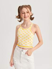 SHEIN Chicas adolescentes Top de punto con patrón floral cruzado - Amarillo - Ver 1
