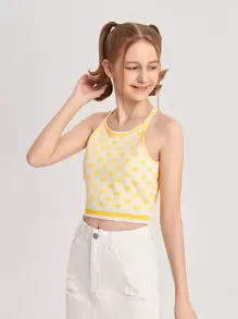 SHEIN Chicas adolescentes Top de punto con patrón floral cruzado - Amarillo - Ver 3