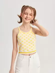 SHEIN Chicas adolescentes Top de punto con patrón floral cruzado - Amarillo - Ver 4