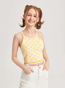 SHEIN Chicas adolescentes Top de punto con patrón floral cruzado - Amarillo - Ver 5